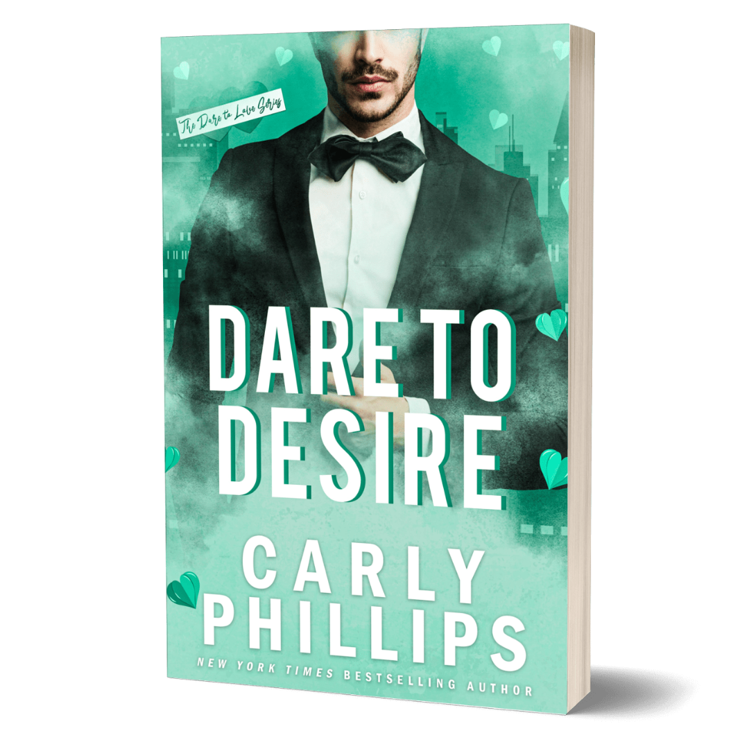 Dare to Desire paperback cover, green background with a handsome young man wearing a tuxedo, white jacket and bow tie.