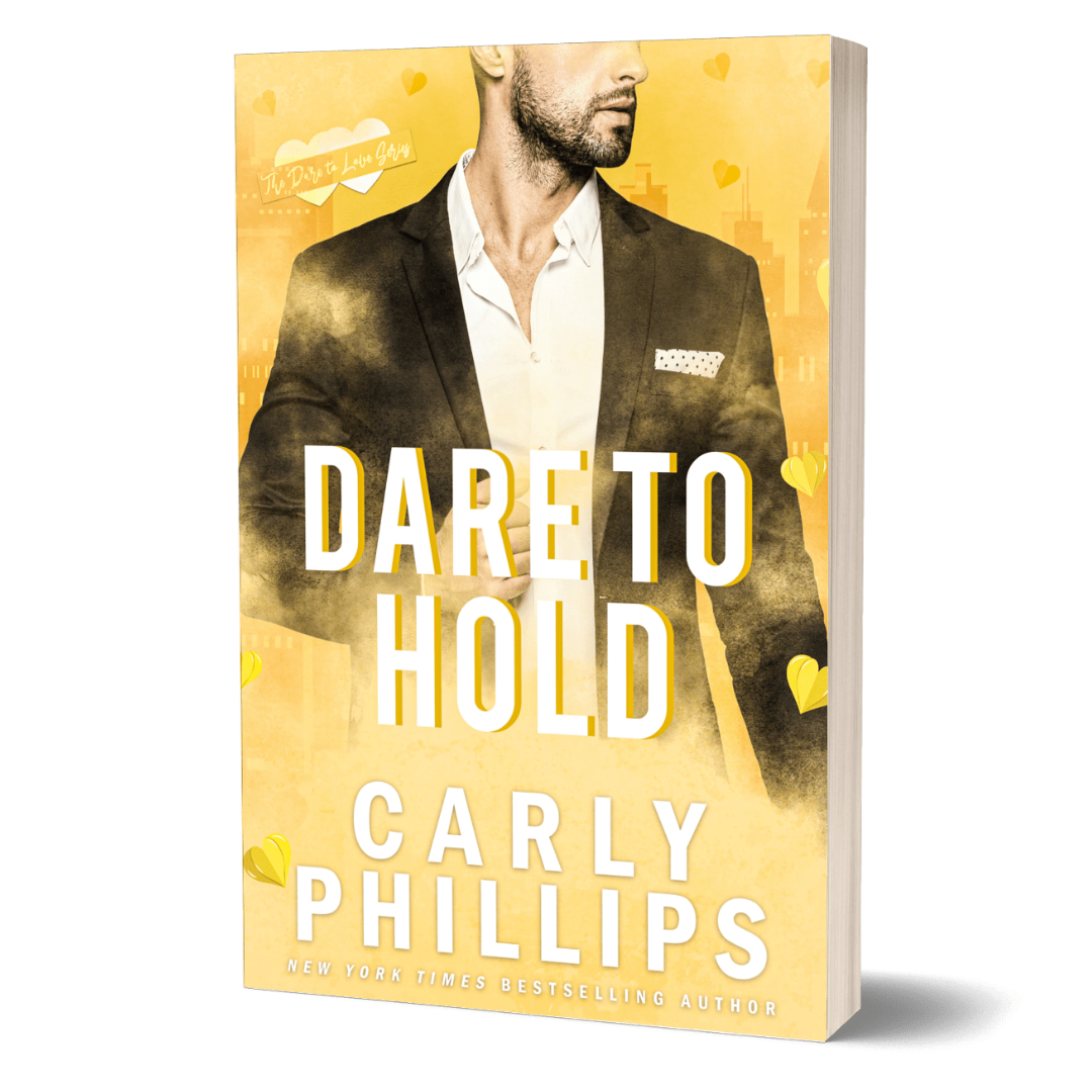 Dare to Hold paperback cover, yellow background with a handsome hero wearing an open sport coat and partially unbuttoned dress shirt.