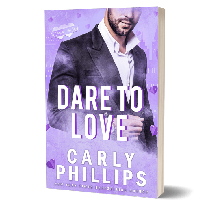 Dare to Love book cover, purple background, handsome hero in a suit and open shirt.