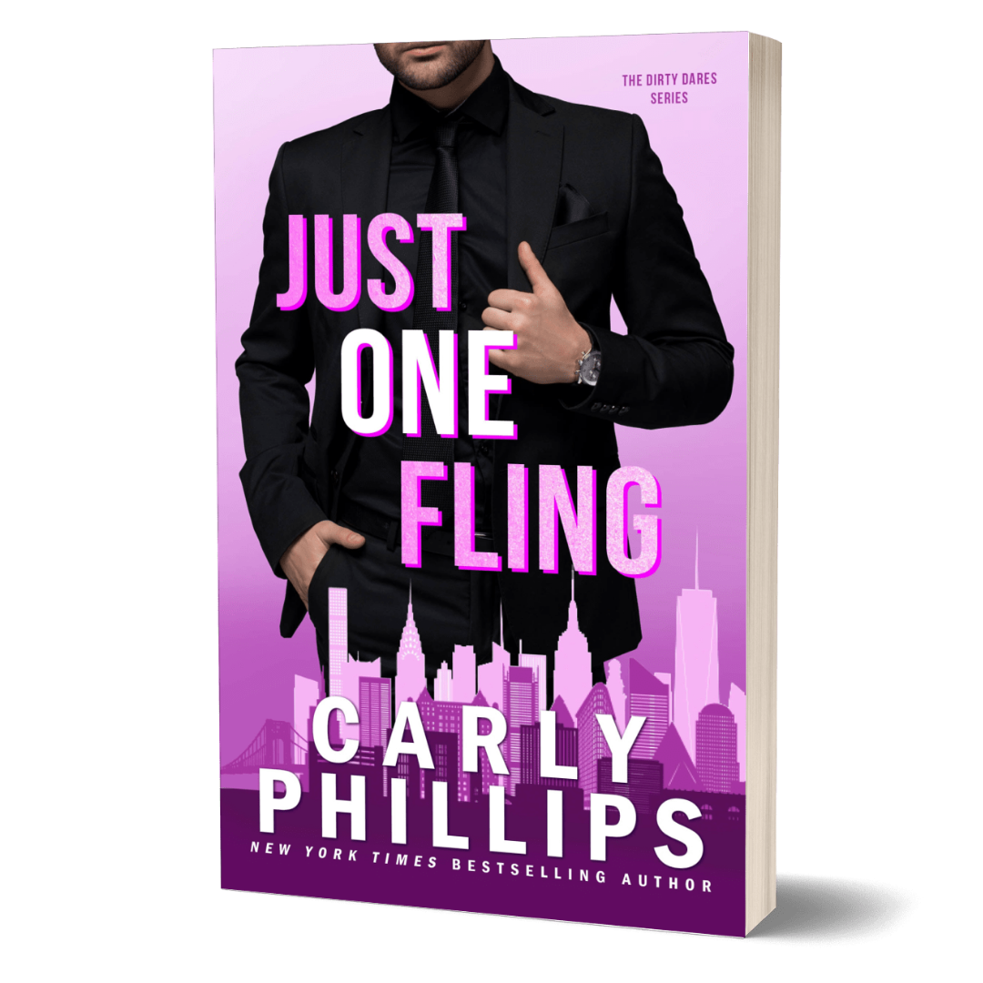 Book cover of 'Just One Fling' by Carly Phillips with a sexy man in a suit on a pink and purple background.