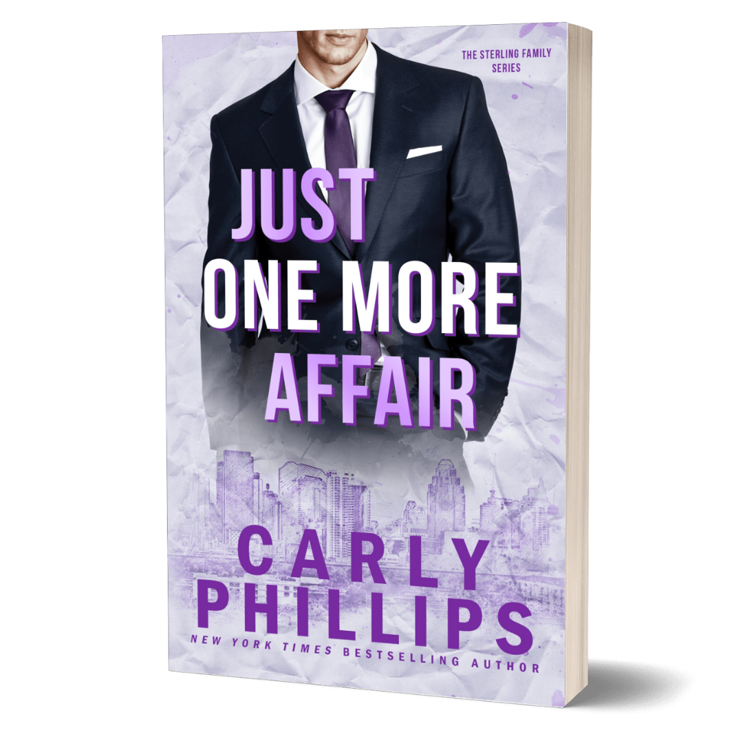Book cover of 'Just One More Affair' by Carly Phillips with a man in a suit and cityscape background.