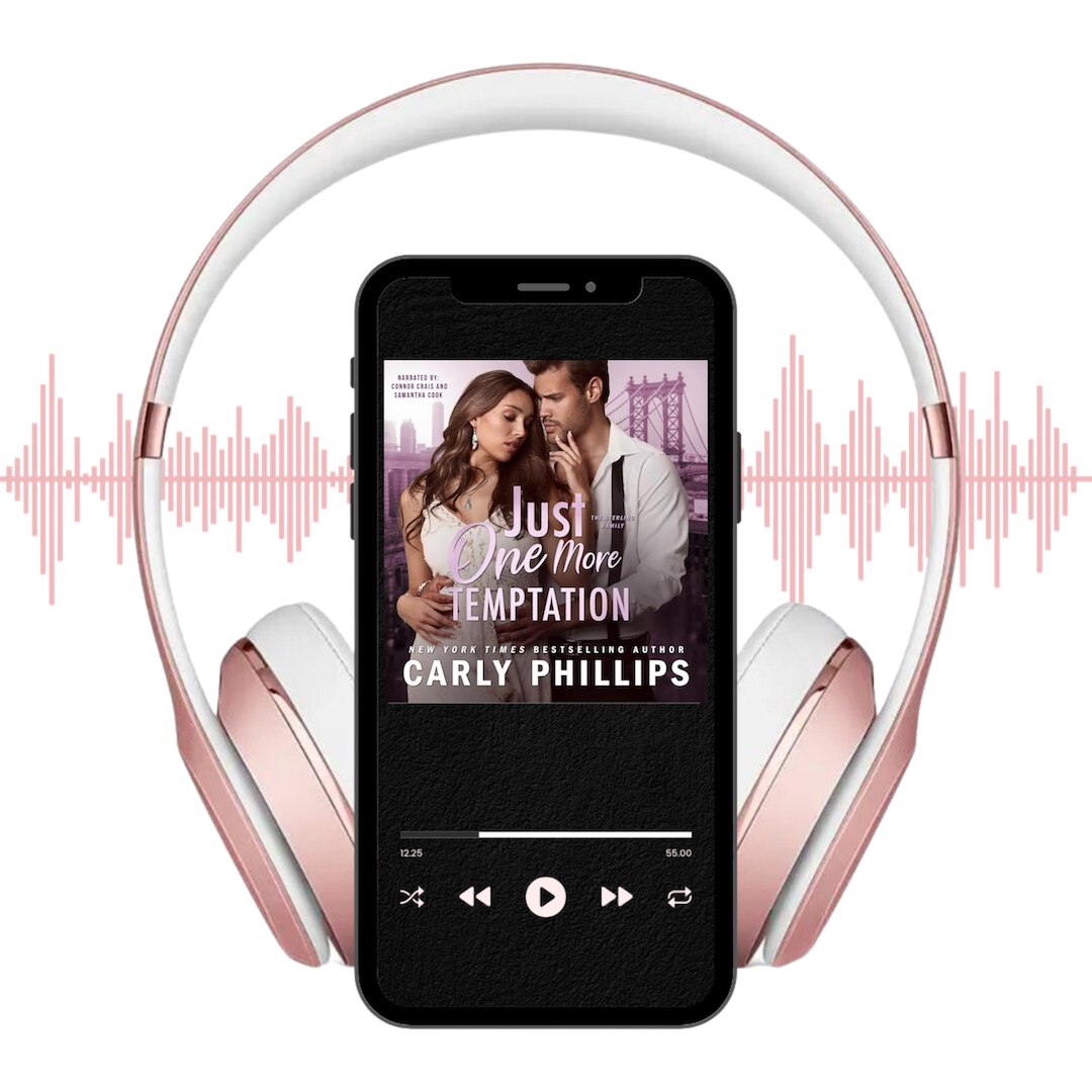 Phone displaying 'Just One More Temptation' audiobook cover with headphones and audio waves on a white background