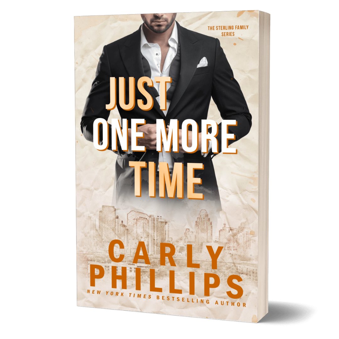 Book cover of 'Just One More Time' by Carly Phillips featuring a sexy man in a suit on a gold cityscape background.