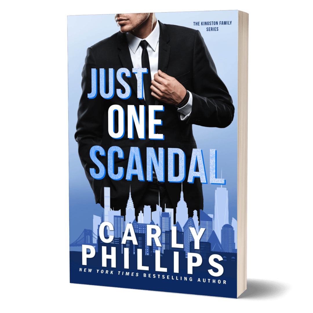 Book cover of 'Just One Scandal' by Carly Phillips with a man in a suit against a city skyline.